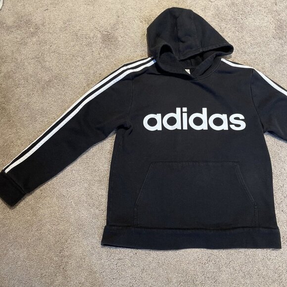 ADIDAS Boys Signature HoodieSweatshirt  Sz Large 14/16 Black with White Stripes - Picture 5 of 11